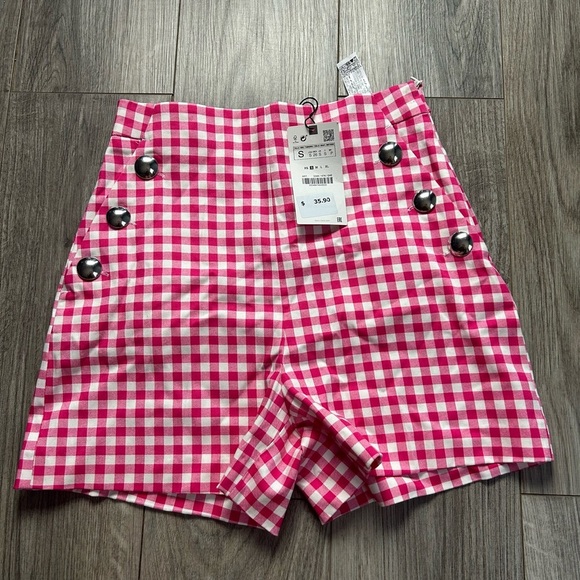 NWT Zara Pink Gingham High Waisted‎ Shorts - Picture 2 of 8